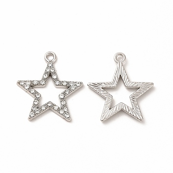 Alloy Rhinestone Pendants, Hollow Out Star Charms, Platinum, 23x21x2mm, Hole: 1.5mm