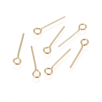 304 Stainless Steel Eye Pin, Real 18k Gold Plated, 30mm, Hole: 2mm, Pin: 0.7mm