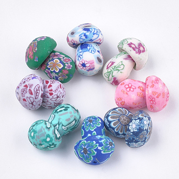Handmade Polymer Clay Beads, Half Drilled Beads, Mushroom with Flower, Mixed Color, 16.5~19.5x11~13x11~13mm, Half Hole: 0.7~1mm