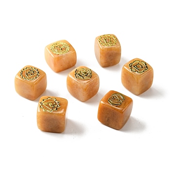 7Pcs 7 Styles Natural Yellow Aventurine Beads, with Long-Lasting Plated Golden Tone Brass Chakra Pattern Slices, Lead Free & Cadmium Free, No Hole, Cube, 15.5~18x15~17x14.5~17mm, 1pc/style