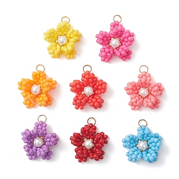 8Pcs Glass Seed Beaded Pendants, Flower Charm, with Glass Pearl & 304 Stainless Steel, Real 18K Gold Plated, Mixed Color, 15.5~17x15~16.5x10~11mm, Hole: 3mm, jump ring: 4x0.5mm