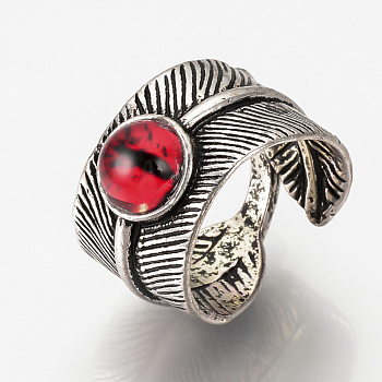 Adjustable Alloy Cuff Finger Rings, with Glass Findings, Wide Band Rings, Feather with Dragon Eye, Red, Size 9, 19mm