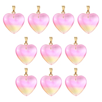 Two Tone Transparent Glass Pendants, with Golden Plated Iron Findings, Heart Charms, Champagne Yellow, 22x20.5x7mm, Hole: 6x2mm