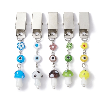 Iron ID Card Clips with Handmade Lampwork Mushroom & Evil Eye, Badge Holder Clip, Mixed Color, 83mm