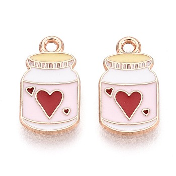 Alloy and Enamel Pendants, Bottle with Heart Pattern, Light Gold, Misty Rose, 17x9x1mm, Hole: 1.6mm