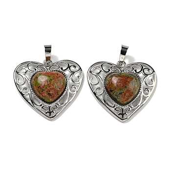 Natural Unakite Peach Love Heart Pendants, Rack Plating Brass Hollow Heart Charms, Cadmium Free & Lead Free, 29.5x30.5x7.5mm, Hole: 7.5x5mm