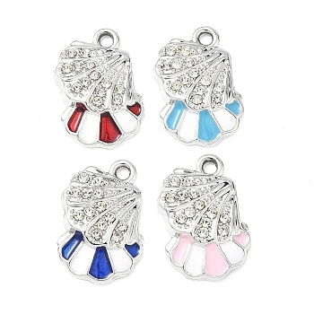 Alloy Rhinestone Pendants, with Enamel, Shell Shape Charms, Platinum, 20x14x3.5mm, Hole: 1.8mm