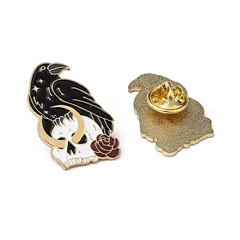 Creative Zinc Alloy Brooches, Enamel Lapel Pin, with Iron Butterfly Clutches or Rubber Clutches, Bird with Skull, Golden, Black, 30x20mm, Pin: 1mm