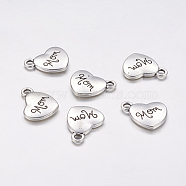 Mother's Day Theme, Tibetan Style Alloy Family Charms, Heart with Word Mom, Cadmium Free & Nickel Free & Lead Free, Antique Silver, 13x15x3mm, Hole: 3mm(X-TIBEP-5423-AS-FF)