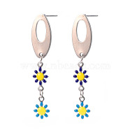 Oval with Flower Enamel Long Dangle Stud Earrings, Stainless Steel Color Plated 304 Stainless Steel Jewelry for Women, Dark Blue, 44x9.5mm, Pin: 0.8mm(EJEW-N049-05C)