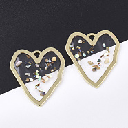 Epoxy Resin Pendants, with Shell and Alloy Findings, Heart, Golden, 40x34.5x1.5mm, Hole: 3x3mm(X-RESI-S365-50)
