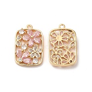 Real 18K Gold Plated Brass Pendant, with Glass, Rectangle with Flower Charms, Pink, 25.5x16x4.5mm, Hole: 1.6mm(KK-B074-71G-01)