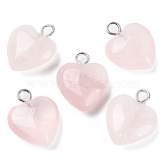 Natural Rose Quartz Pendants, Heart Charms with Platinum Plated Brass Loops, 14.8~15x12x4.1~4.6mm, Hole: 2mm(G-E603-01P-02)