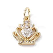Rack Plating Brass Cubic Zirconia Charms, Cadmium Free & Lead Free, Long-Lasting Plated, with Jump Ring, Crown Charm, Real 18K Gold Plated, 17x14x3.5mm, Hole: 3mm(KK-G451-27G)