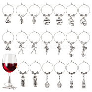 Sports Theme Tibetan Style Alloy Wine Glass Charms, with Brass Hoop Earring Findings, Mixed Shapes, Antique Silver & Platinum, 45~62mm, 10 style, 2pcs/style, 20pcs/set(AJEW-AB00120)