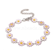 Enamel Daisy Link Chains Bracelet, 304 Stainless Steel Jewelry for Women, Stainless Steel Color, Pink, 7-1/4 inch(18.4cm)(BJEW-P271-01P-05)