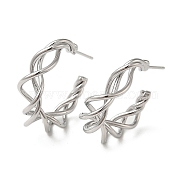 Brass Wire Twist Stud Earrings, Half Hoop Earrings, Real Platinum Plated, 28.5x7mm(EJEW-C070-02P)