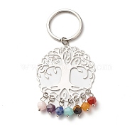 201 Stainless Steel Filigree Pendants Keychains, with 7 Color Faceted Gemstone Beads, 304 Stainless Steel Split Key Rings & Open Jump Rings, Tree of Life, Stainless Steel Color, 5cm(KEYC-JKC00293)