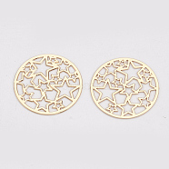Brass Filigree Joiners Links, Etched Metal Embellishments, Long-Lasting Plated, Flat Round with Star, Light Gold, 17.5x0.3mm(X-KKC-S001-013KC)