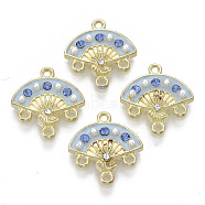 Alloy Enamel Chandelier Component Links, with Rhinestone and Plastic Imitation Pearl, Fan, Light Gold, Sky Blue, 17x16x3mm, Hole: 1.2mm(PALLOY-S177-80B)
