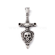 304 Stainless Steel Manual Polishing Big Pendants, Sword with Shield & Skull Charms, Antique Silver, 50x24.5x6mm, Hole: 4x8.5mm(STAS-G267-18AS)
