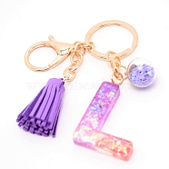 Resin Keychains, with Iron Keychain Findings, Glass Ball Pendants(with Plastic inside), and Sponge Tassels, Light Gold, Lilac, Letter.L, 9.5cm(KEYC-WH0020-12L)