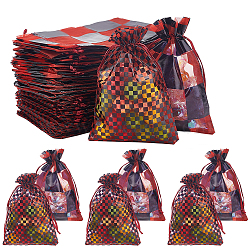 Elite 60Pcs 2 Styles Rectangle Printed Organza Drawstring Bags, Tartan Pattern, Red, 15x10cm, 30pcs/style(CON-PH0002-75)