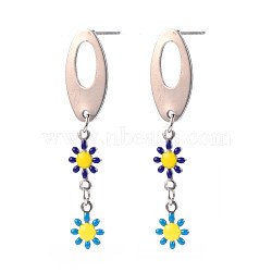Oval with Flower Enamel Long Dangle Stud Earrings, Stainless Steel Color Plated 304 Stainless Steel Jewelry for Women, Dark Blue, 44x9.5mm, Pin: 0.8mm(EJEW-N049-05C)