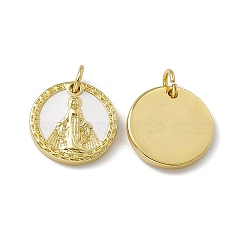 Rack Plating Brass Enamel Charms, with Jump Ring, Cadmium Free & Nickel Free & Lead Free, Real 18K Gold Plated, Flat Round with Virin of Mary Pattern Charms, White, 14x2.5mm, Hole: 3mm, Ring: 5x1mm(KK-M231-02G)