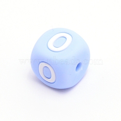 Silicone Beads, for Bracelet or Necklace Making, Arabic Numerals Style, Light Sky Blue Cube, Num.0, 10x10x10mm, Hole: 2mm(SIL-TAC001-02C-0)