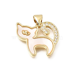 Brass Micro Pave Clear Cubic Zirconia Pendants, with Shell, Cat Shape Charms, Real 16K Gold Plated, Floral White, 16.5x19x2.5mm, Hole: 4.5x3.5mm(CU-CBAF50C-14G)