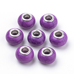 Imitation Turquoise Style Acrylic European Beads, Large Hole Beads, with Silver Color Plated Brass Double Cores, Rondelle, Purple, 14x9.5mm, Hole: 5mm(X-OPDL-Q132-04)