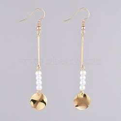 Dangle Earrings, with Glass Pearl Beads, Iron Bar Links, Brass Charms and Earring Hooks, Flat Round, Golden, 73mm, Pin: 0.6mm(EJEW-JE03958-02)