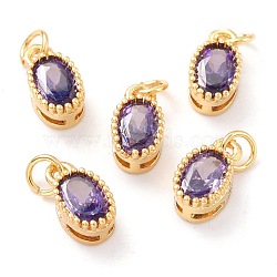 Real 18K Gold Plated Brass Inlaid Cubic Zirconia Charms, with Jump Ring, Long-Lasting Plated, Oval, Purple, 9.5x5x4mm, Jump Ring: 4x0.5mm, 2.5mm Inner Diameter(ZIRC-L100-079G-06)