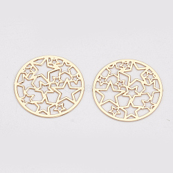 Brass Filigree Joiners Links, Etched Metal Embellishments, Long-Lasting Plated, Flat Round with Star, Light Gold, 17.5x0.3mm(X-KKC-S001-013KC)