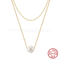 Round Natural Freshwater Pearl Pendant Necklaces, 925 Sterling Silver Double Layer Necklaces for Women, Real 14K Gold Plated, 13.90 inch(35.3cm)(NJEW-G153-03G)