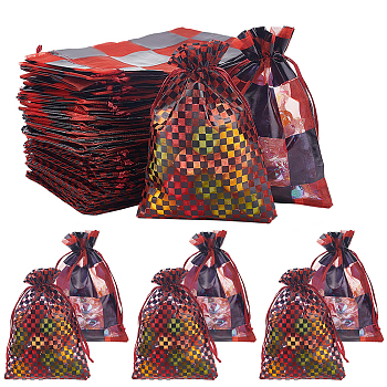 Elite 60Pcs 2 Styles Rectangle Printed Organza Drawstring Bags, Tartan Pattern, Red, 15x10cm, 30pcs/style