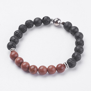 Natural Lava Rock Beads Stretch Bracelets, with Synthetic Goldstone, Magnetic Clasp and Alloy Findings, 7-5/8 inch(195mm)
