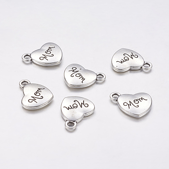 Mother's Day Theme, Tibetan Style Alloy Family Charms, Heart with Word Mom, Cadmium Free & Nickel Free & Lead Free, Antique Silver, 13x15x3mm, Hole: 3mm