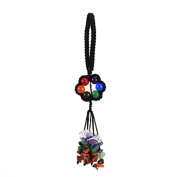 Flower Dyed Natural Gemstone Braided Thread Pendant Decorations, Gemstone Chip Tassel Hanging Ornaments, 140~150mm