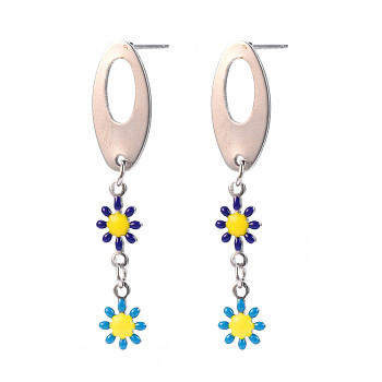 Oval with Flower Enamel Long Dangle Stud Earrings, Stainless Steel Color Plated 304 Stainless Steel Jewelry for Women, Dark Blue, 44x9.5mm, Pin: 0.8mm