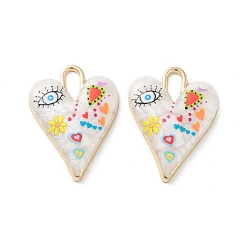Rack Plating Alloy Enamel Pendants, with Resin, Heart with Evil Eye Charm, Cadmium Free & Nickel Free & Lead Free, Golden, Colorful, 34.5x25.5x4.5mm, Hole: 9x4mm