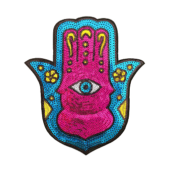 Hamsa Hand with Evil Eye Computerized Embroidery Cloth Iron on/Sew on Sequin Patches, Costume Accessories, Colorful, 200x180mm