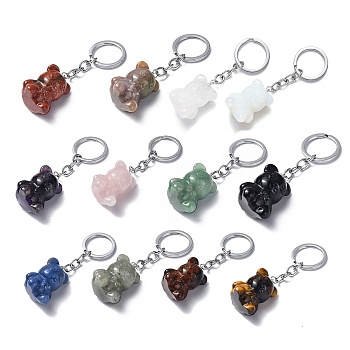 Natural/Synthetic Gemstone Pendant Keychains, with Iron Keychain Clasps, Bear, 8cm