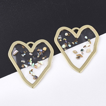 Epoxy Resin Pendants, with Shell and Alloy Findings, Heart, Golden, 40x34.5x1.5mm, Hole: 3x3mm
