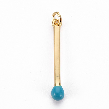 Brass Enamel Pendants, with Jump Ring, Cadmium Free & Nickel Free & Lead Free, Match, Real 16K Gold Plated, Sky Blue, 30x4.5mm, Jump Ring: 5x1mm, 3mm inner diameter