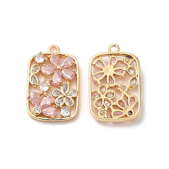 Real 18K Gold Plated Brass Pendant, with Glass, Rectangle with Flower Charms, Pink, 25.5x16x4.5mm, Hole: 1.6mm