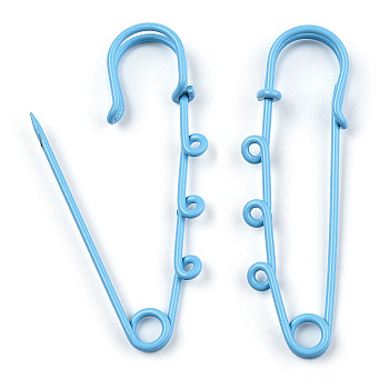 Spray Painted Iron Brooch Findings, Kilt Pins with Triple Loops, Light Sky Blue, 59x18x6mm, Hole: 2mm