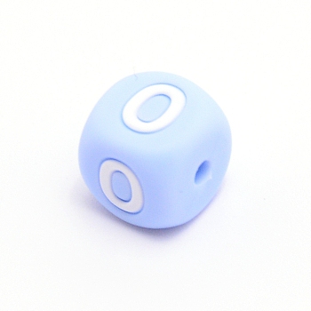 Silicone Beads, for Bracelet or Necklace Making, Arabic Numerals Style, Light Sky Blue Cube, Num.0, 10x10x10mm, Hole: 2mm