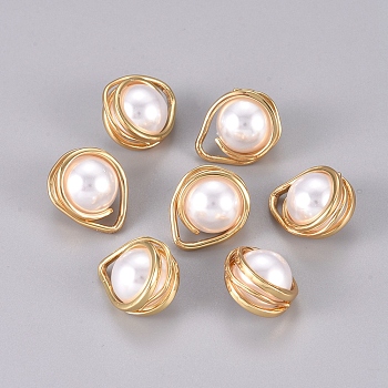 Imitation Glass Pearl Pendants, with Golden Plated Brass Findings, Teardrop, White, 15x19x11.5mm, Hole: 3x4mm